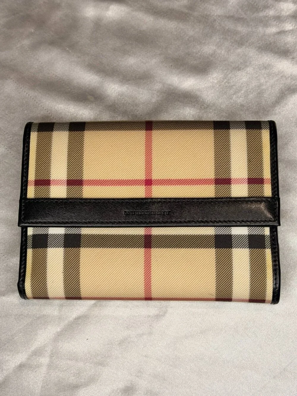 Burberry London Beige Check & Black Leather Compact Wallet